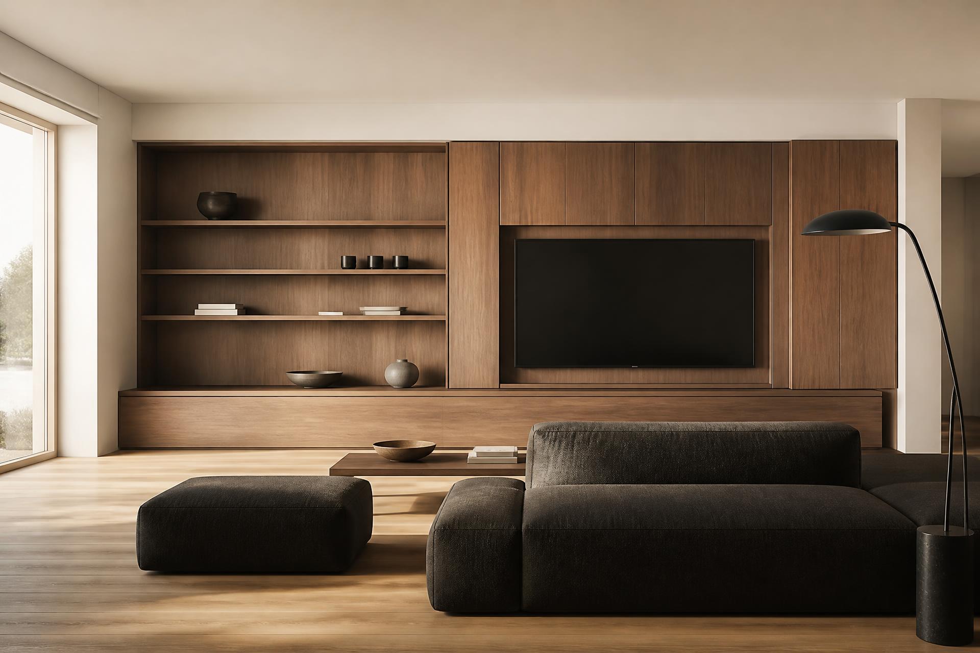 Living modern cu mobilier custom din nuc